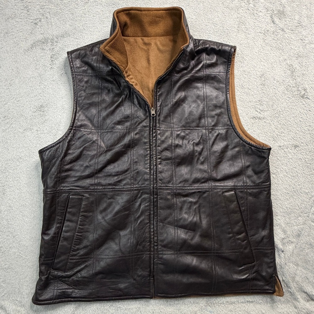 Mens Reversible Genuine Leather Wool Cashmere Vest Brown Tan Full Zip Large